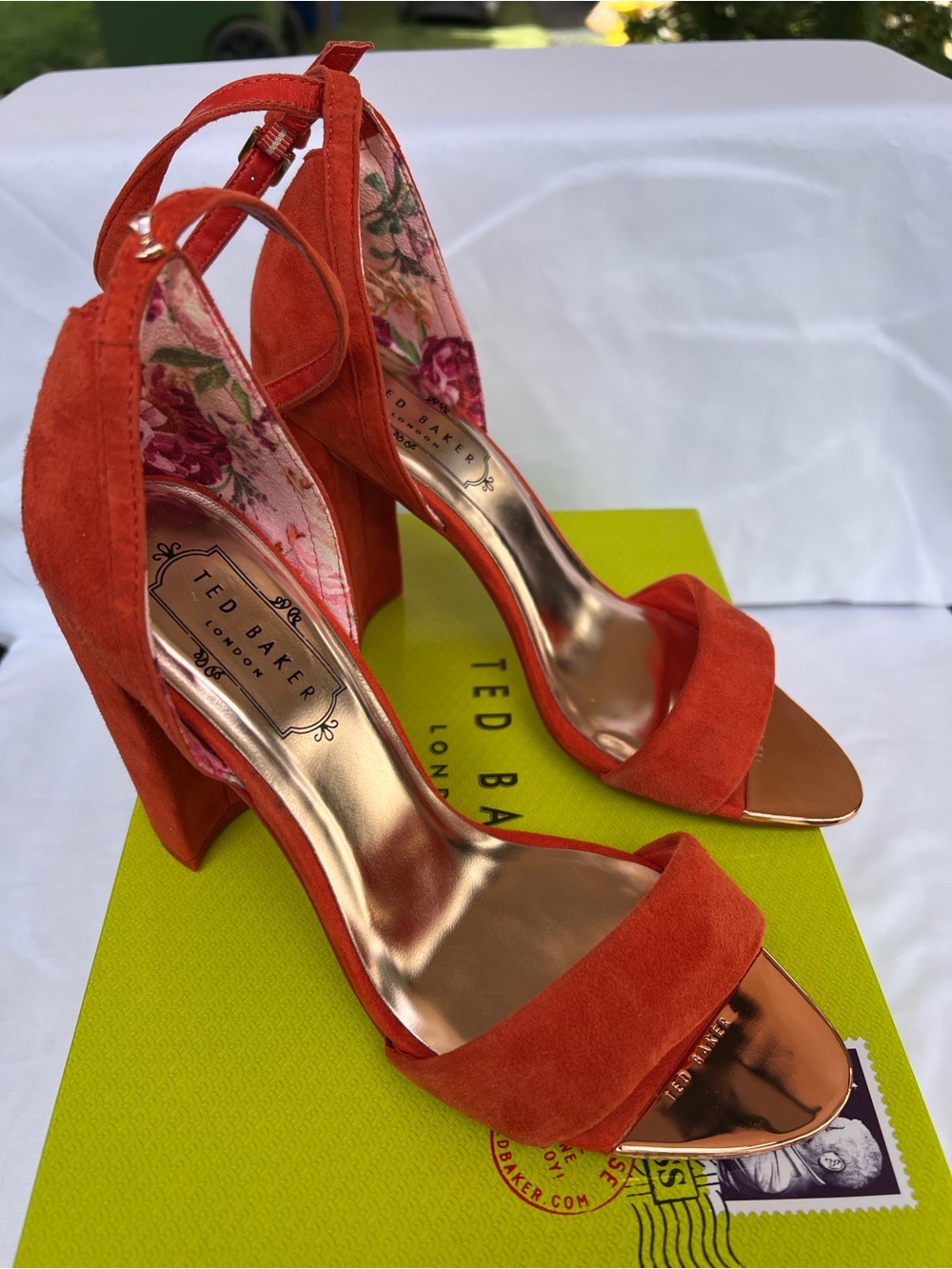Ted Baker Red-Orange Suede Block Heel Sandals